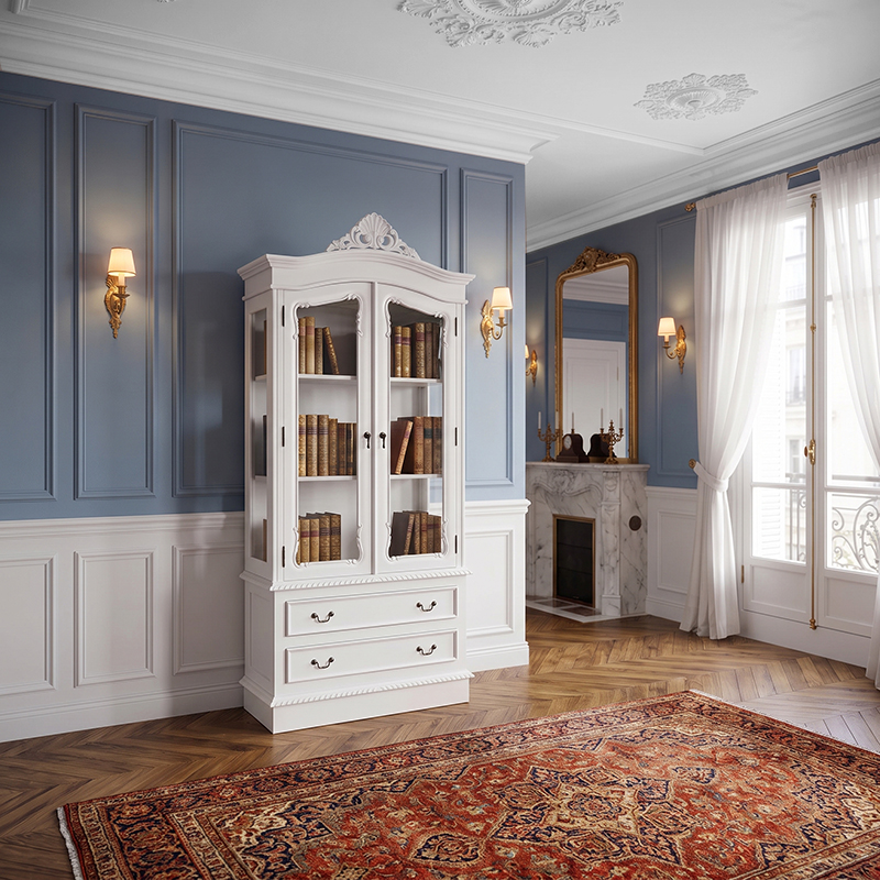 Louis XV Glazed Bookcase With Two Drawers - French White Colour