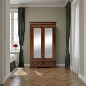 Versailles Double Wardrobe - Centre Mirrors 2 Drawer - Chestnut Colour (Clearance)