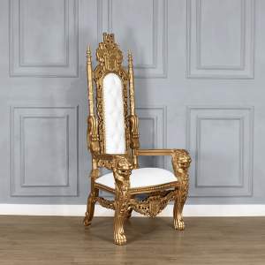 Throne Chair - Gold Frame with White Faux Leather - Lions Head