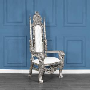 Throne Chair - Silver Frame - Lion King - Upholstered in White Faux Leather