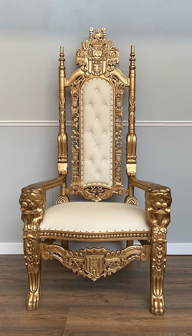 Lion King Throne Chair Gold Frame with White Faux