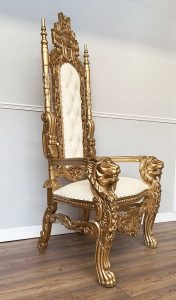Throne Chair - Gold Frame with White Faux Leather - Lions Head