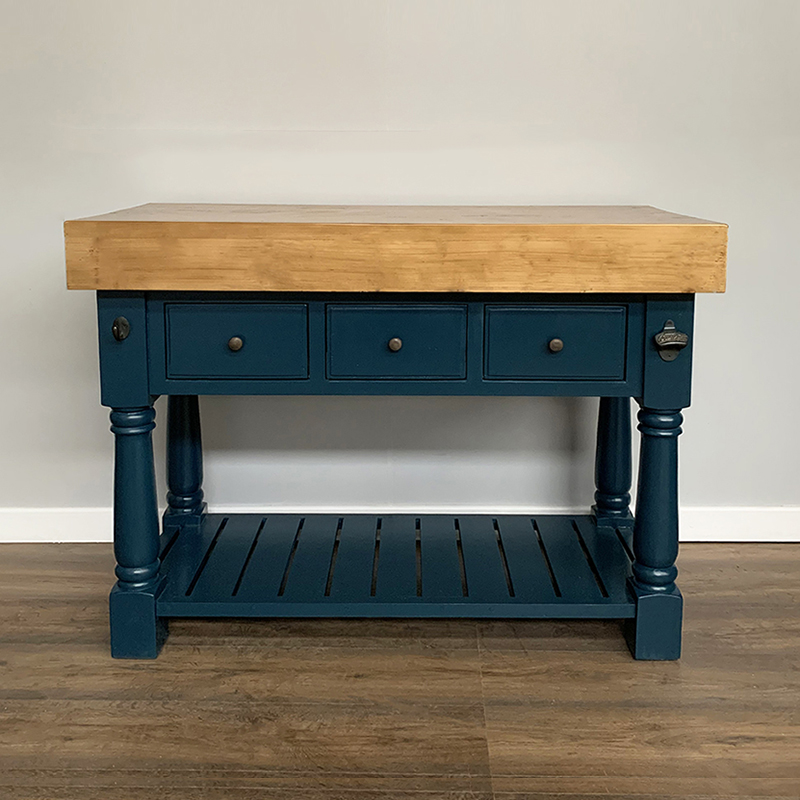 Butcher Block Kitchen Island with Three Drawers - Haig Blue Colour - Island Furniture Co