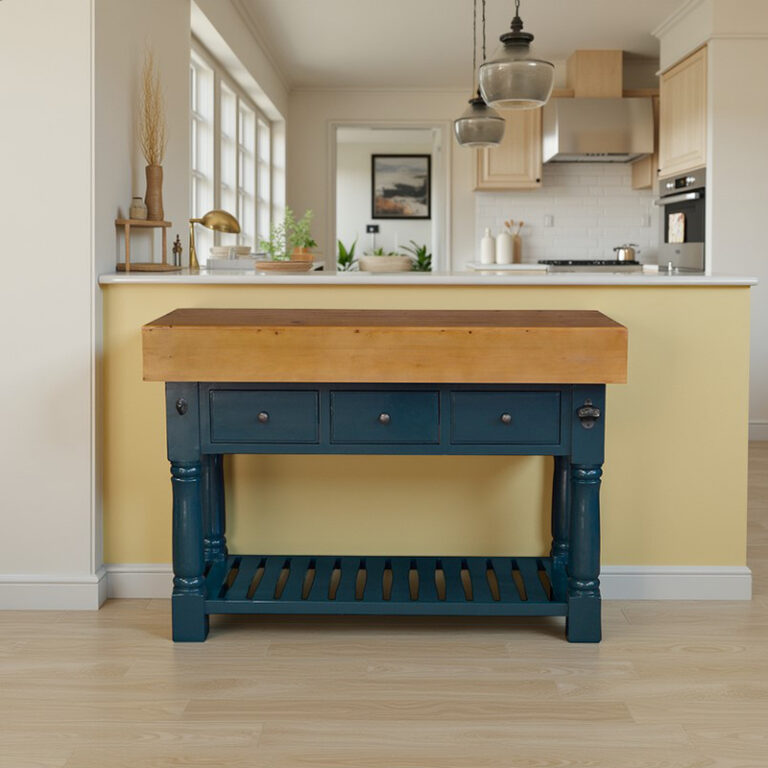 Butcher Block Kitchen Island with Three Drawers - Haig Blue Colour - Island Furniture Co