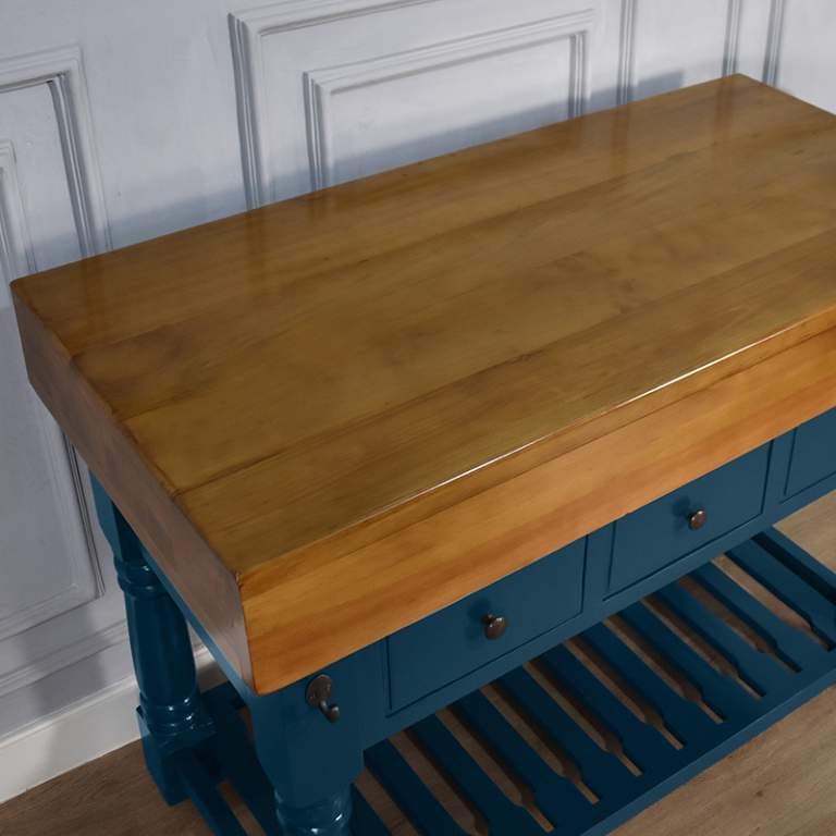 Butcher Block Kitchen Island with Three Drawers - Haig Blue Colour - Island Furniture Co