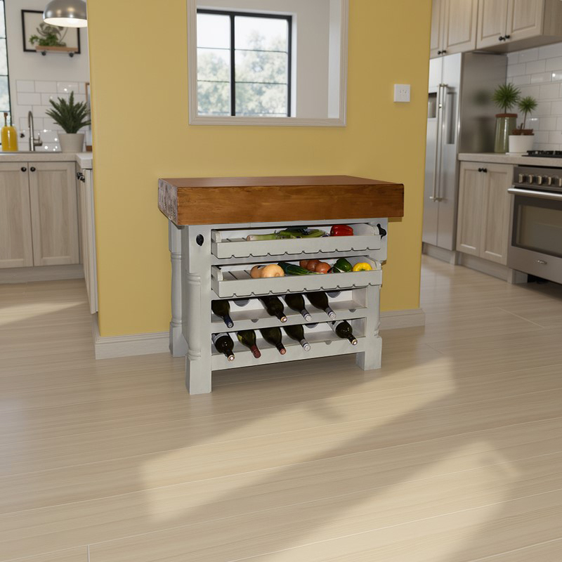 Kitchen Block Island with Wine & Vegetable Racks - Heavy Top - Grey Colour