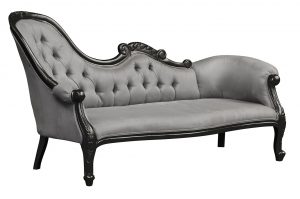 Louis XV Versailles Single End Chaise hand carved from solid mahogany wood Black Frame Grey Upholstery