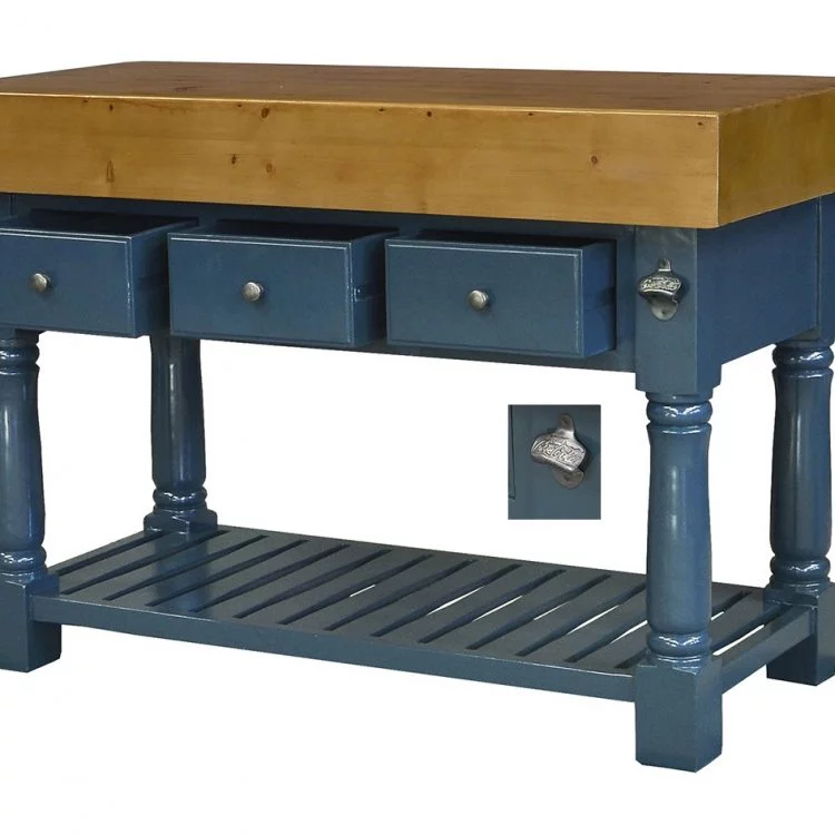 Butcher Block Kitchen Island with Three Drawers - Haig Blue Colour - Island Furniture Co