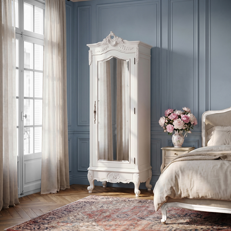 Louis XV Single Armoire Mirror Door - French White Colour (Clearance)