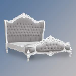Louis XV Eloise Sleigh Bed - in French White & Grey Twill