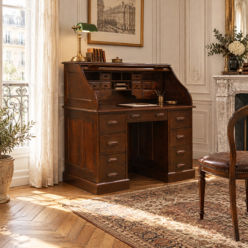 American Roll Top Bureau in solid mahogany wood (Clearance)