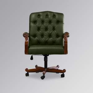 Chesterfield Chair - Mahogany Chestnut Frame and Green Faux Leather