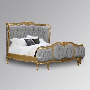 Louis Xv - Esmee Sleigh Bed in Gold Frame and Brushed Grey Velvet Upholstery