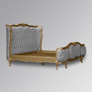 Louis Xv - Esmee Sleigh Bed in Gold Frame and Brushed Grey Velvet Upholstery