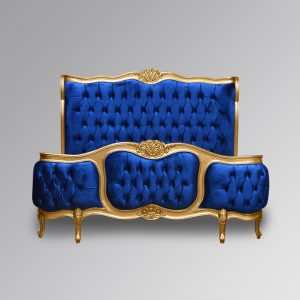 Louis XV - Esmee Sleigh Bed in Gold Frame and Blue Brushed Velvet Upholstery