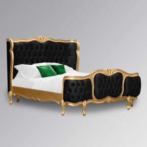 Louis XV - Esmee Sleigh Bed in Gold Frame and Black Brushed Velvet Upholstery