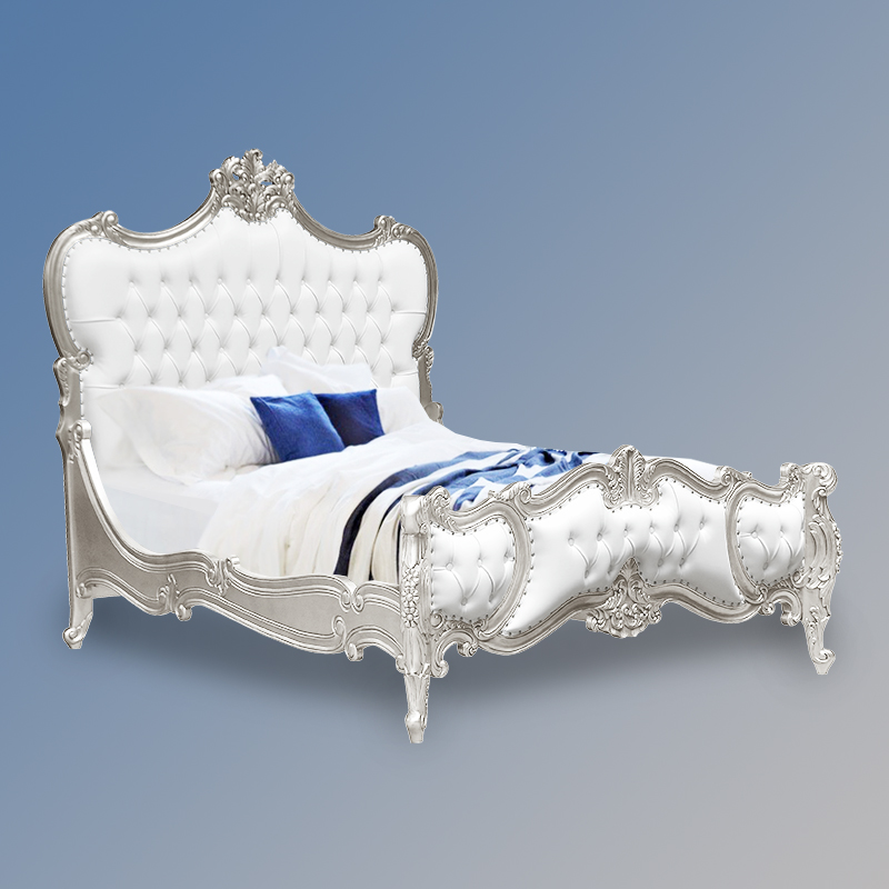 Louis XV Genevieve Bed in Silver Leaf and White Faux Leather - 4'6" (Clearance) - Image 4