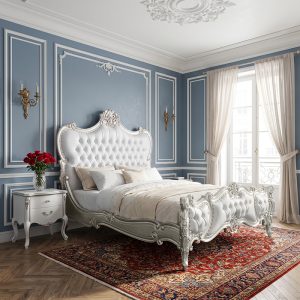 Louis XV Genevieve Bed in Silver Leaf and White Faux Leather - 4'6