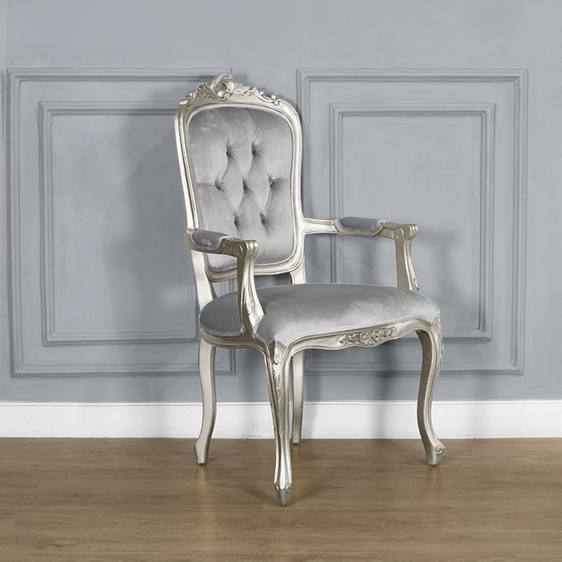 Louis XV Elise Armchair - Grey Velvet with Silver Frame - Image 2