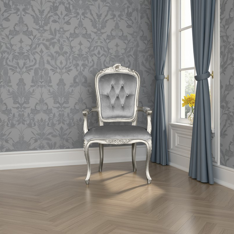 Louis XV Elise Armchair - Grey Velvet with Silver Frame