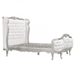 Louis XV - Esmee Sleigh Bed in Silver Frame and White Faux Leather