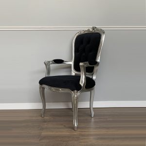Louis XV Elise Bedroom Chair - Silver Leaf & Black Velvet Upholstery