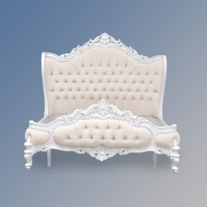 Louis XV Eloise Sleigh Bed - in French White and Cream Twill - Crystal Buttons