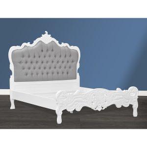 Louis XV Marguerite Sleigh Bed in French White and Grey Upholstery