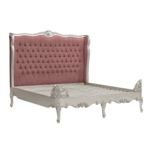Louis XV Estee Bed in Silver Leaf and Rose Brushed Velvet Upholstery