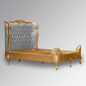 Louis XV Estee Bed in Gold Leaf and Brushed Grey Velvet Upholstery