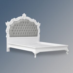 Louis XV Patrice Sleigh Bed in French White and Grey Upholstery