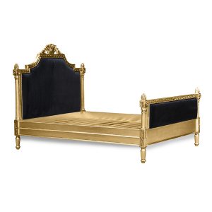 Louis XV Longchamp Bed in Gold Leaf and Black Brushed Velvet Upholstery