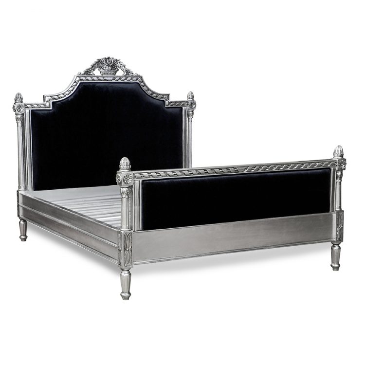 Louis XV Longchamp Bed in Silver Leaf and Black Brushed Velvet Upholstery
