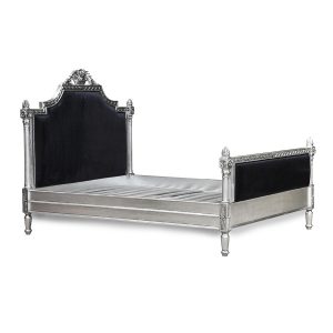 Louis XV Longchamp Bed in Silver Leaf and Black Brushed Velvet Upholstery