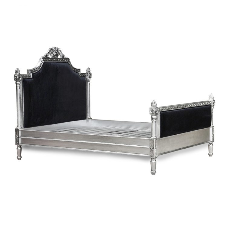 Louis XV Longchamp Bed in Silver Leaf and Black Brushed Velvet Upholstery - Image 2