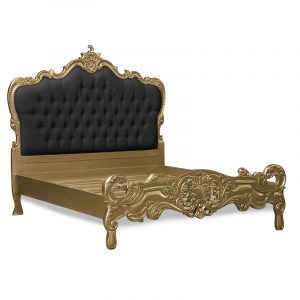 Louis XV Marguerite Sleigh Bed in Gold Leaf and Black Faux Leather Upholstery