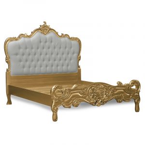 Louis XV Marguerite Sleigh Bed in Gold Leaf and Grey Faux Leather Upholstery