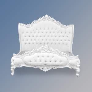 Louis XV Eloise Sleigh Bed in French White and White Faux Leather