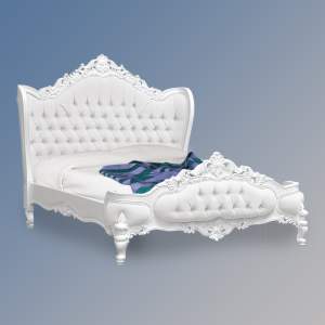 Louis XV Eloise Sleigh Bed in French White and White Faux Leather