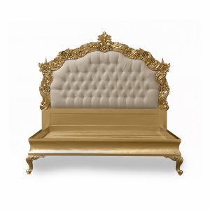 Louis XV Patrice Sleigh Bed in Gold Leaf and Gold Sand upholstery
