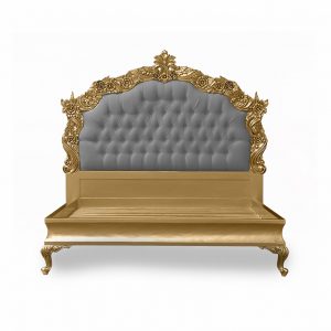 Louis XV Patrice Sleigh Bed in Gold Leaf and Grey Twill
