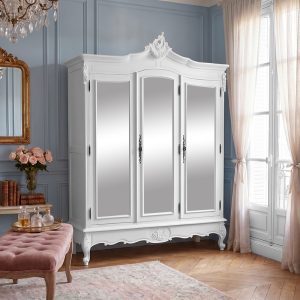 Louis XV Triple Armoire - 3 Mirrored Doors - French White