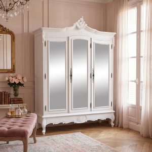 Louis XV Triple Armoire - 3 Mirrored Doors - French White