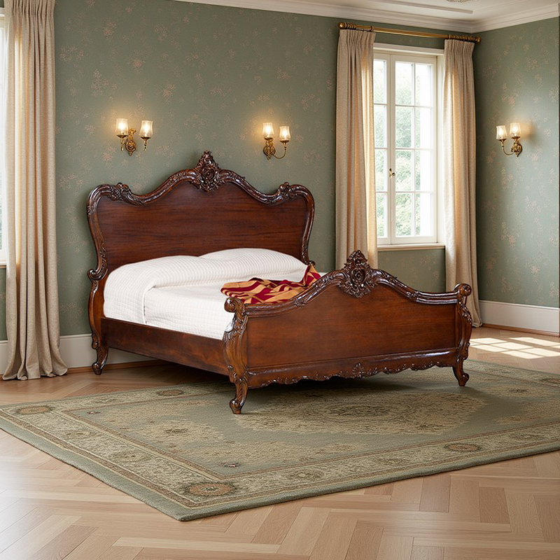 Louis XV Angelique Sleigh Bed in Chestnut Colour