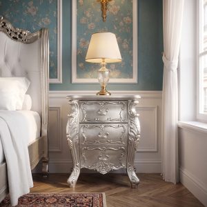 Louis XV Marguerite Bedside Cabinet in Silver Leaf