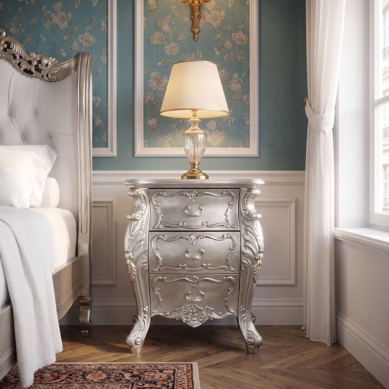 Louis XV Marguerite Bedside Cabinet in Silver Leaf