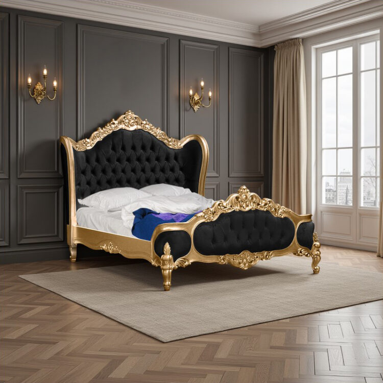 Louis XV Eloise Sleigh Bed in Gold Leaf and Black Brushed Velvet