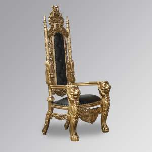 Throne Chair - Lion King - Gold Leaf Frame Upholstered in Faux Black Leather
