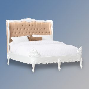 Louis XV Estee Bed in French White and Butter Brushed Velvet Upholstery