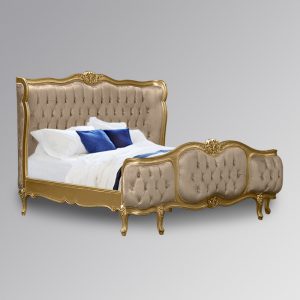 Louis Xv - Esmee Sleigh Bed in Gold Frame and Brushed Sand Velvet Upholstery